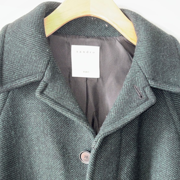 Sandro Green Herringbone Belted Wool Overcoat - Picture 2 of 5